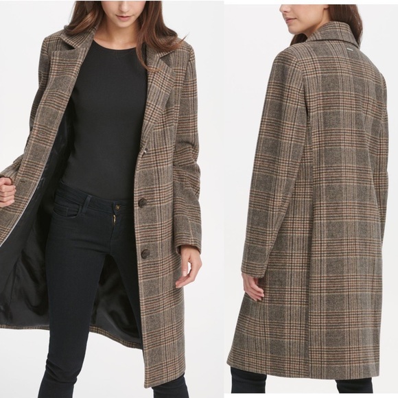 DKNY Walker Single-Breasted Plaid Wool-Blend Coat Brown Size 3X - Picture 8 of 14